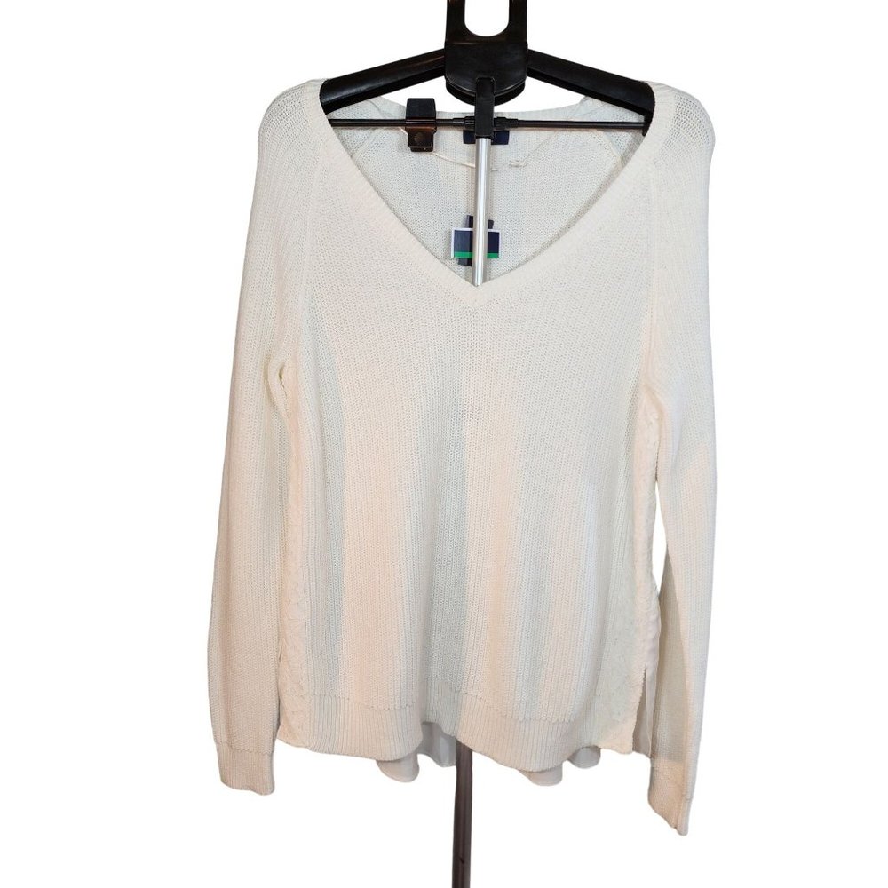 Karri Blue Cream Ribbed Sweater Lace‎ & Ruffle Back Size Large NWT